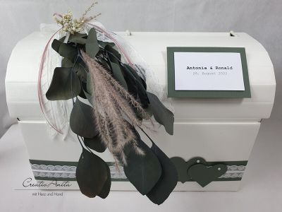 Briefbox Truhe Dunkelgrün-Gold mit Eukalypthus - Dunkelgrün-Altrosa mit Spitze - Hochzeit Kartenbox