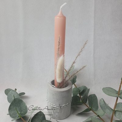 Handgemachter Kerzenhalter 2in1 - Stabkerzen- und Teelichthalter mit Kerze - dekoriert grau-lachs
