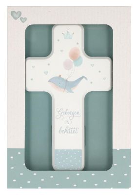 Kinderholzkreuz zur Taufe blau - Geborgen und behütet