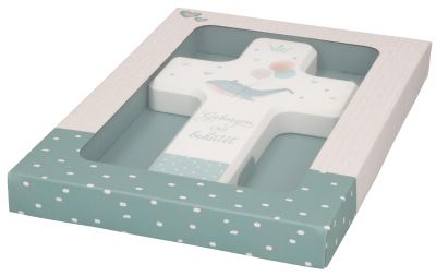 Kinderholzkreuz zur Taufe blau - Geborgen und behütet