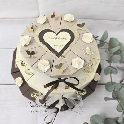 Schachteltorte 3-stöckig mit Schmetterlingen - Geldgeschenk Hochzeit BRAUN-ELFENBEIN