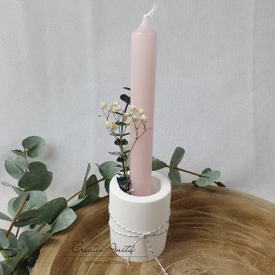 Handgemachter Kerzenhalter 2in1 - Stabkerzen- und Teelichthalter mit Kerze - dekoriert weiß-rosa