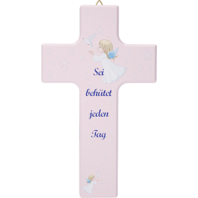 Kinderkreuz aus Holz zur Taufe "Sei behütet..." in Rosa