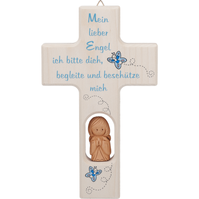 Kinderkreuz mit Tonengel - Geschenk zur Taufe - Blau Schmetterlinge - "Mein Engel..."