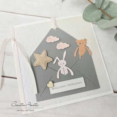 Glückwunschkarte Taufe oder Geburt -Hase und Bär- rosa