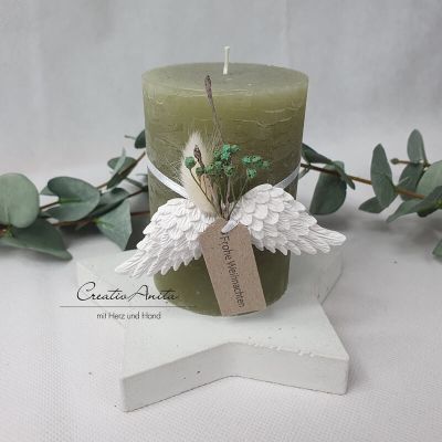 Geschenkkerze - Kerze zu Weihnachten inkl. handgemachten Betonstern und Engelsflügel