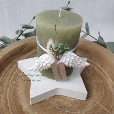 Geschenkkerze - Kerze zu Weihnachten inkl. handgemachten Betonstern und Engelsflügel