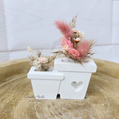 Blumentopf mit Trockenblumenarrangement -Rosa-