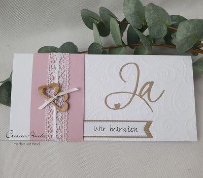 Einladungskarte JA - Altrosa-Weiß mit Banderole