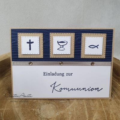 Einladungskarte zur Kommunion in Natur-Dunkelblau - Christlich -Kreuz-Kelch-Fisch