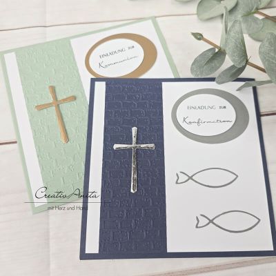 Preview: Einladungskarte zur Kommunion in Eukalypthus-Gold - Christlich