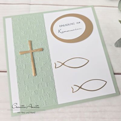 Preview: Einladungskarte zur Kommunion in Eukalypthus-Gold - Christlich