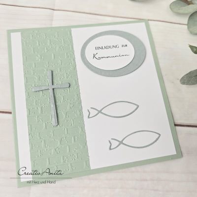 Einladungskarte zur Kommunion in Eukalypthus-Silber - Christlich