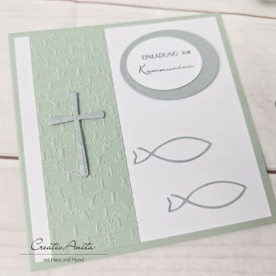 Preview: Einladungskarte zur Kommunion in Eukalypthus-Silber - Christlich