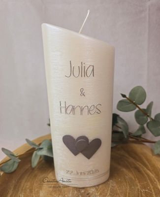 Hochzeitskerze Perlmutt geriffelt - Ellipse abgeschrägt mit Herzen - SILBER