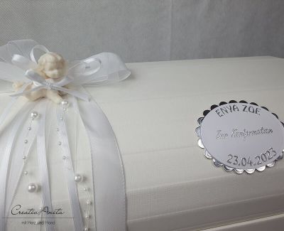 Preview: Erinnerungstruhe mit Buchsfisch zur Kommunion - SILBER