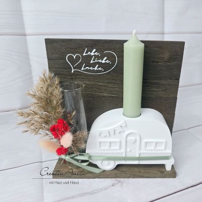 Geschenkset Camper mit Reagenzglas - Geldgeschenk, dekoriert mit Trockenblumen, salbei