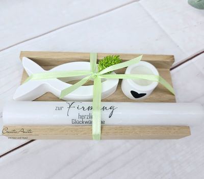 Geschenkset Anlaß zur Auswahl mit Kreuz & Fisch aus Beton - GRÜN