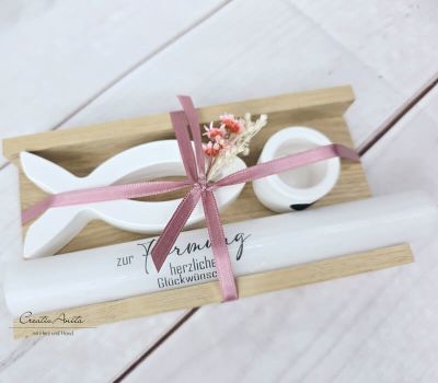 Geschenkset Anlaß zur Auswahl mit Fisch und Kerzenständer aus Beton - ROSA