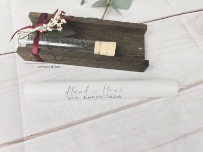 Preview: Kerze mit Reagenzglas Wunscherfüller -Hand in Hand ein leben lang- Dekoriert - Hochzeitsgeschenk