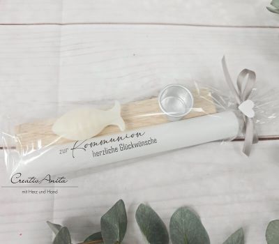 Geschenk zur Kommunion, Konfirmation - Stabkerze mit Kerzenhalter und Seifenfisch - TAUPE