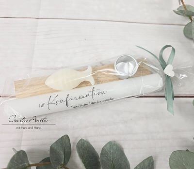 Geschenk zur Kommunion, Konfirmation - Stabkerze mit Kerzenhalter und Seifenfisch - EUKALYPTHUS