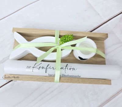 Geschenkset Anlaß zur Auswahl mit Kreuz & Fisch aus Beton - GRÜN