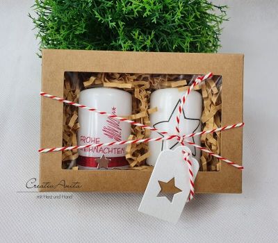 Geschenkbox mit handverzierten Kerzenset - Frohe Weihnachten und großem Stern - kleines Mitbringsel