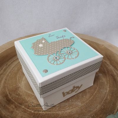 Preview: Geschenkschachtel zur Geburt/Taufe - Geldgeschenk -Kinderwagen- mint-taupe