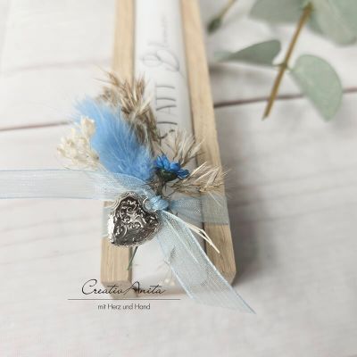 Geschenkkerzen - Stabkerze mit Spruch -statt Blumen- Dekoriert mit Holz