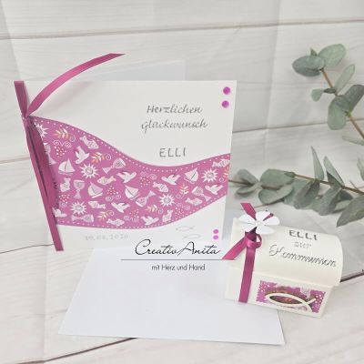 Geschenkverpackung & Glückwunschkarte -Truhe- Kommunion, Konfirmation - Farbe wahlweise