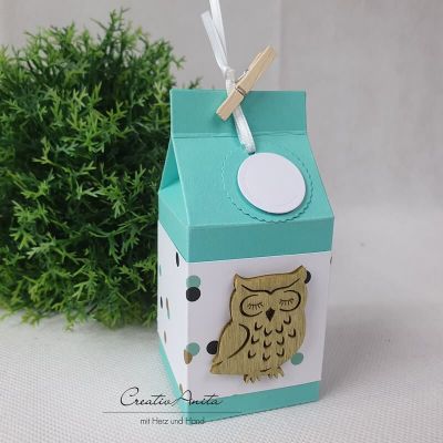 Geschenkverpackung Milchtüte mit Holzeule in Mint Punkte zum Geburtstag