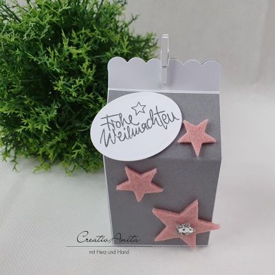 Geschenkverpackung Milchtüte zu Weihnachten in Weiß-Grau-Rosa mit Sternen - Geldgeschenk, Gutscheinverpackung