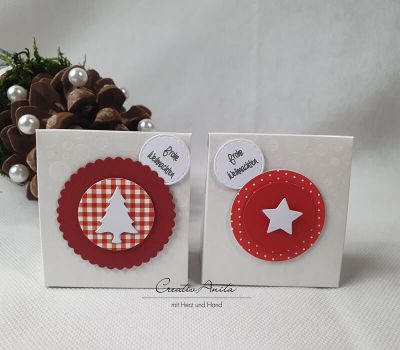 Geschenkverpackung - 2 Stück zu Weihnachten mit Stern und Christbaum - Rot-Weiß