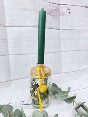 Kerzenständer - Glasflasche befüllt mit Trockenblumen Gold-Grün-Gelb