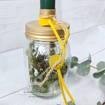 Kerzenständer - Glasflasche befüllt mit Trockenblumen Gold-Grün-Gelb