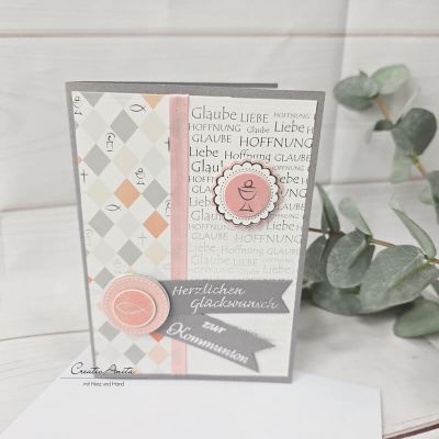 Glückwunschkarte Apricot-Silber-Grau zur Kommunion