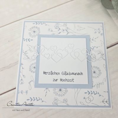 Preview: Glückwunschkarte zur Hochzeit - Blütenhochzeit - hellblau-weiß