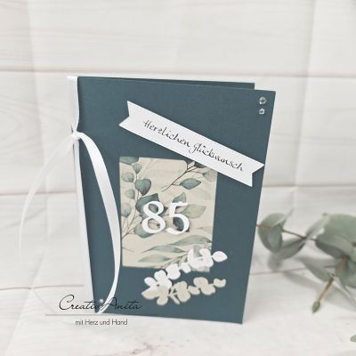 Glückwunschkarte 85. Geburtstag - Eukalypthus in Grün-Weiß