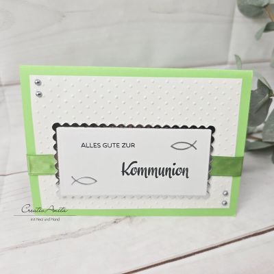 Glückwunschkarte Grün-Weiß mit Fische zur Kommunion