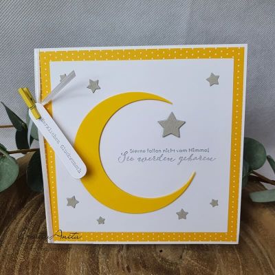 Glückwunschkarte zur Geburt, Taufe mit Mond und Sterne in gelb-grau
