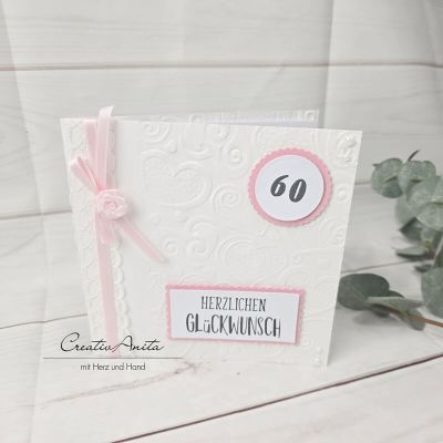 Glückwunschkarte zum 60. Geburtstag weiß-rosa