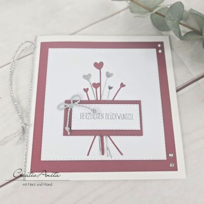 Preview: Glückwunschkarte zur Hochzeit mit Herzen in bordeaux-silber