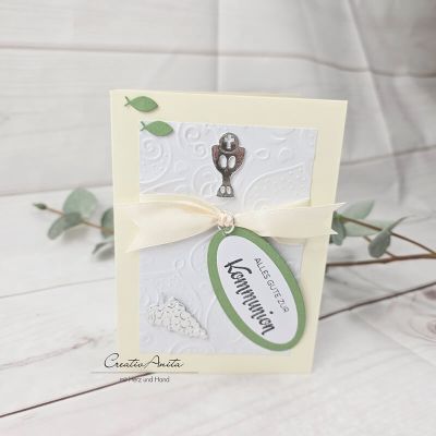 Glückwunschkarte zur Kommunion in creme-grün mit Fische