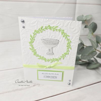 Glückwunschkarte zur Kommunion in Maigrün-Silber mit Kelch