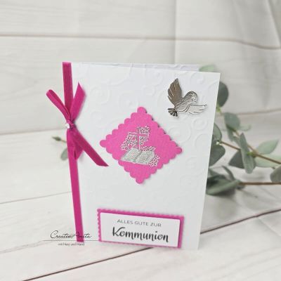 Glückwunschkarte zur Kommunion - weiß-pink-silber mit Taube