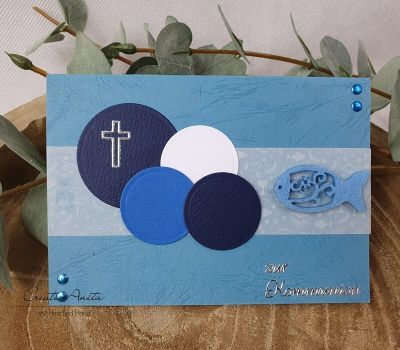 Glückwunschkarte Kreise in Blautöne mit Kreuz und Fisch zur Kommunion, Konfirmation, Firmung