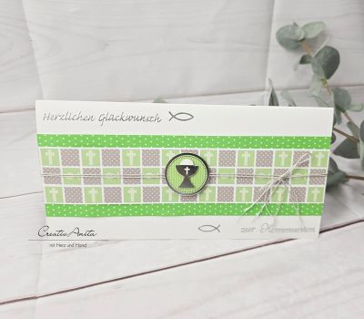 Glückwunschkarte zur Kommunion in maigrün-taupe mit Kelch
