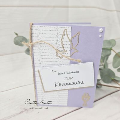 Glückwunschkarte zur Kommunion mit Taube und Kelch -Lavendel-