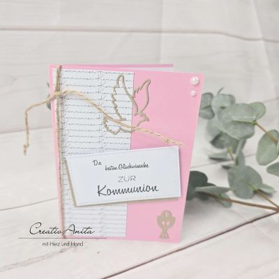 Glückwunschkarte zur Kommunion mit Taube und Kelch -Rosa-